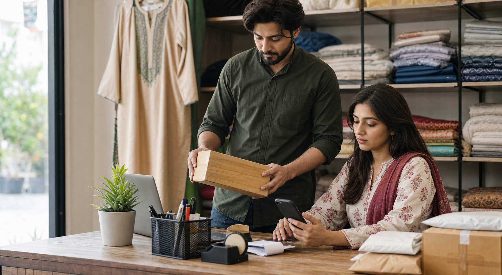 Pakistani ecommerce merchants working with a laptop, smartphone, and parcel packaging